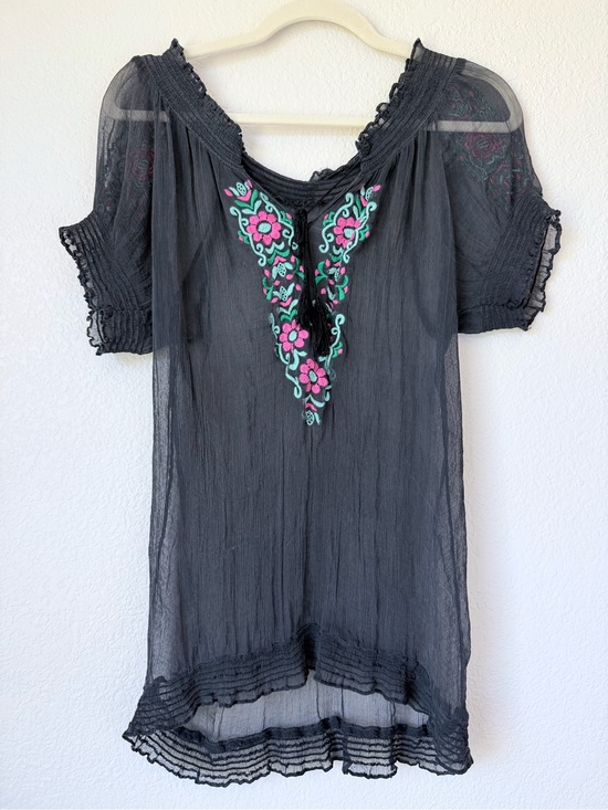 Tops - Black Silk Embroidered Sheer Boho Peasant Tunic Blouse Pink Floral No Size